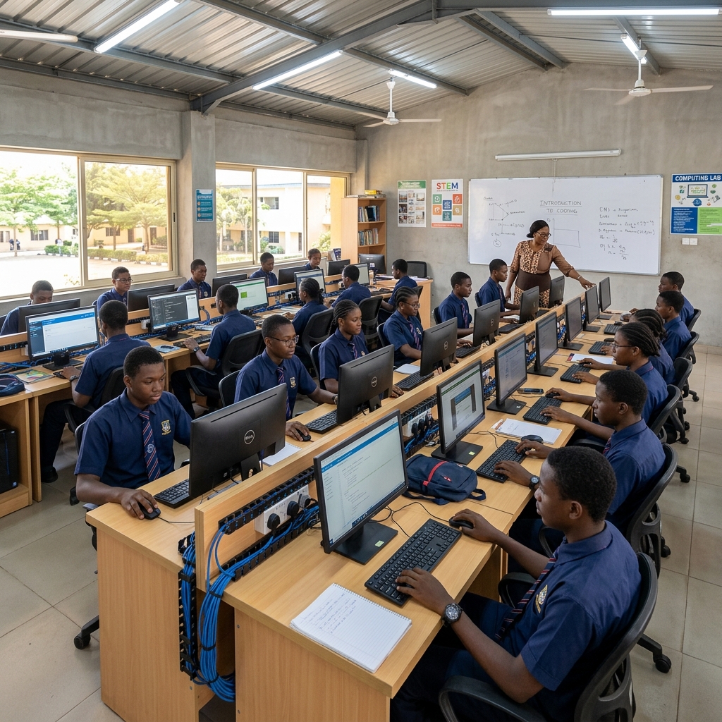 Salle informatique scolaire aménagée en Côte d'Ivoire par SATI SARL
